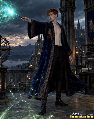 A shirtless man casts a spell with a wand on a balcony in green light