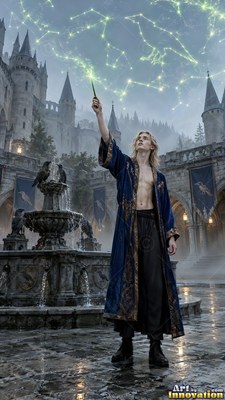 Standing in a castle courtyard, a man in a blue robe lifts his wand