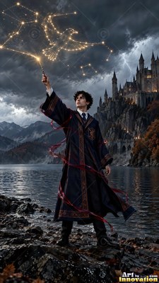A young man in a dark robe uses a wand to draw a raven in the sky by a lake