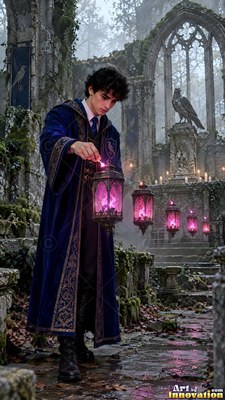 In stone ruins, a young man in a blue velvet robe lights a purple lantern