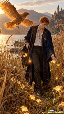 Walking by a lake, a man in a blue robe follows a golden raven through tall grass
