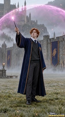 A young man in a blue robe holds up a wand creating a pink dome