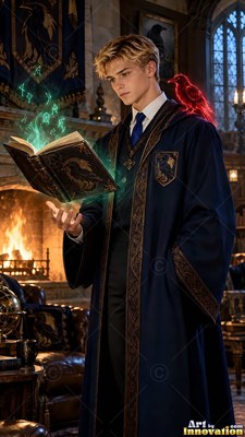 Wearing a blue robe, a blond man reads an open spellbook near a castle fireplace