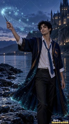 A man in blue robes casts snowflakes with a wand under deep twilight sky