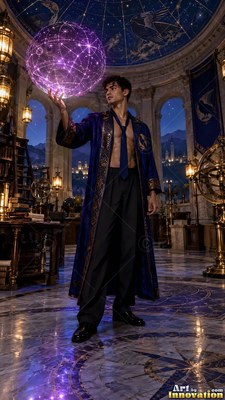 Standing in an observatory, a man in an open blue robe holds up a purple sphere