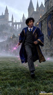 A young man in a blue robe runs across the grass holding a wand outside a castle