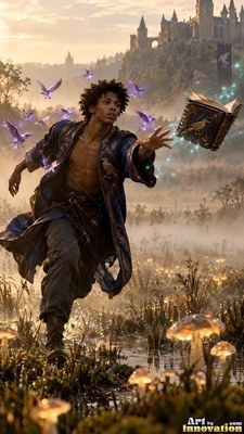 In a misty marsh, a young man in a blue robe runs toward a floating spell book