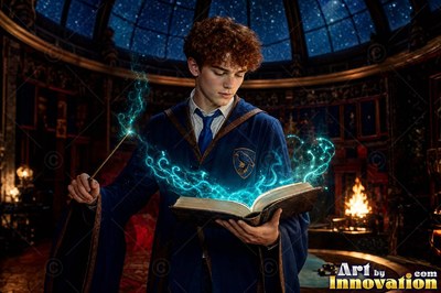 Casting a spell with a wand, a young man reads a book in blue robes under starry skies