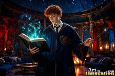 A young man in a blue robe casts a spell from an open book