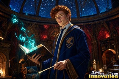 Curly red hair frames a young man in blue robes holding a wand under a starry dome