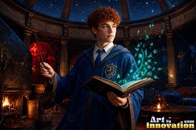 A young man has in his hands a wand and spellbook as teal light rises from the pages