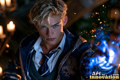 Leaning forward in a dark room, a young blond man casts blue light from his hand