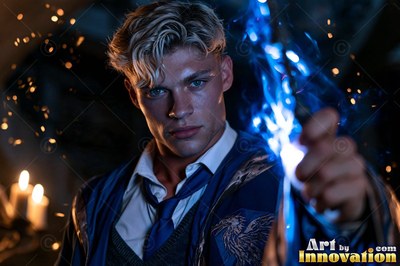 A young blond man in a blue robe points a bright blue flame forward in the dark
