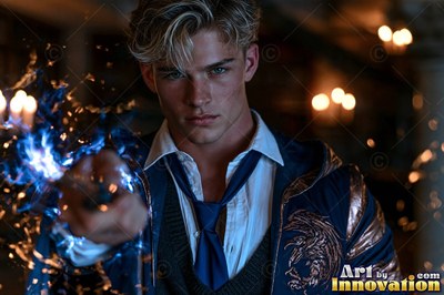 In a candlelit hall, a blond man casts blue sparks from his hand