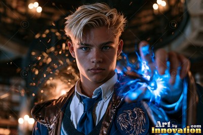 Reaching forward, a blond young man casts bright blue light from his hand