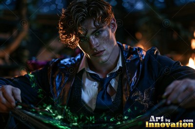 A young man in a dark robe reads a book with green light sparks