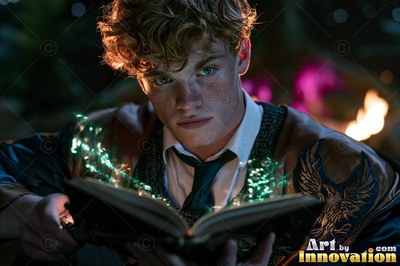 Freckled man with wavy brown hair reading a green spellbook in a dark courtyard room