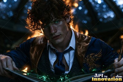 A young man leans over an open book, his face lit by soft green light