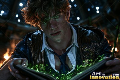 Leaning forward in a dark room, a young man reads an open book lit with green sparks