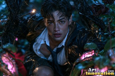 A wet dark-haired young man crouches among black vines with pink buds