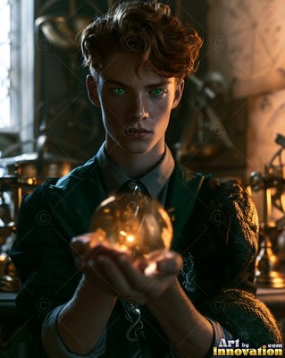 In a dark classroom, a young man in green robes holds a lit crystal orb