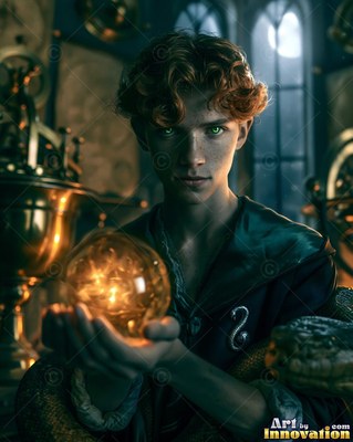 Holding a bright crystal ball, a young man with curly red hair sits with a snake