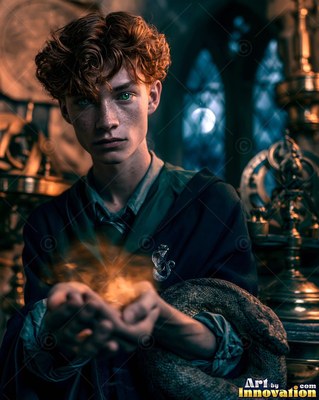 Young man with red hair holding fire in his hands
