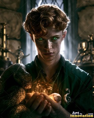 Curly red hair frames a young man holding warm light and a snake in a dim room