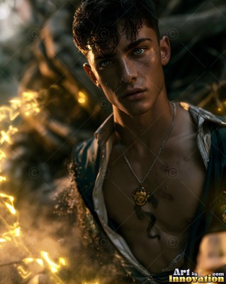 Facing forward in dark woods, a young man wears an open robe with yellow sparks nearby