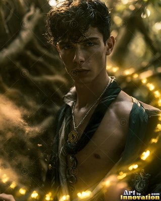 A bare-chested young guy in a dark deep green robe stands near bright yellow lights in the woods