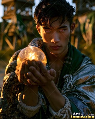 On an open field, a young man grasps a bright glass orb with a snake wrapped on his arm