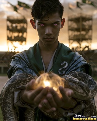 Holding a bright sphere, a young man in green robes carries a thick snake