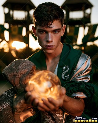 Young man in green holding a warm light orb beside a snake