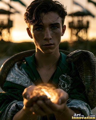 Wearing a green gown, a young man carries fire in his hands outside near wooden towers