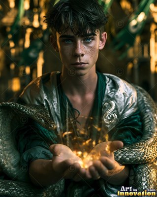 A young man carries sparks in his open hands beside a snake in warm yellow light