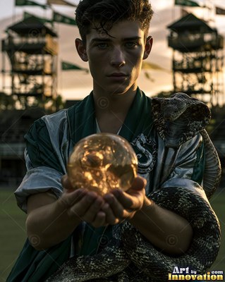 Facing forward on a field, a young man grips a light orb as a snake wraps his arm