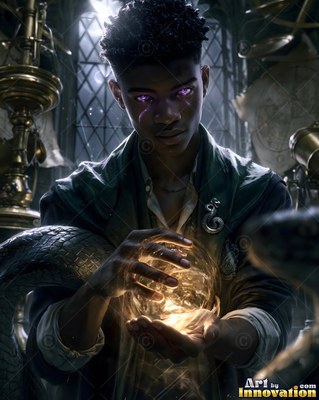 A young man grasps a lit orb in a dark room with a snake coiled on his arm