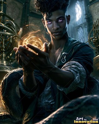 In a dark stone room, a young man holds bright light above a thick snake