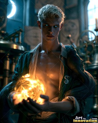 Holding a fiery orb, a blond man with a dark snake on his shoulder stares forward