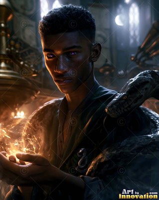 Young man carries bright sparks with a snake on his back