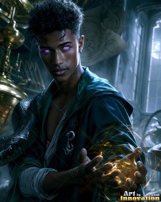 Wearing a dark loose green robe in a castle room, a man with purple eyes conjures yellow sparks beside a snake