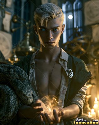 A blond young man cradles a lit glass orb beside a snake in warm candlelight