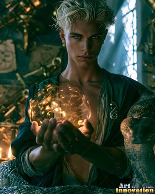 Facing forward in a dimly lit room, a blond man holds a bright orb beside a snake