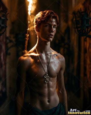 A bare-chested young guy with red hair stands near a torch wearing a snake necklace