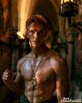 In a dim stone hall, a bare-chested man with red hair holds a wand