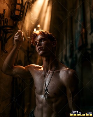 Holding a smoking wand, a bare-chested man stands in warm light with a snake necklace