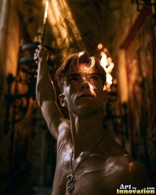 A bare-chested young man raises a lit wand in a dark room