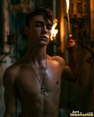 Wearing a silver snake necklace in a dark stone corridor, a bare-chested young man holds a torch