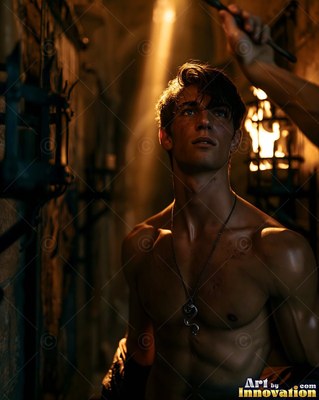 A young man with no shirt looks up in a stone corridor lit by warm torchlight