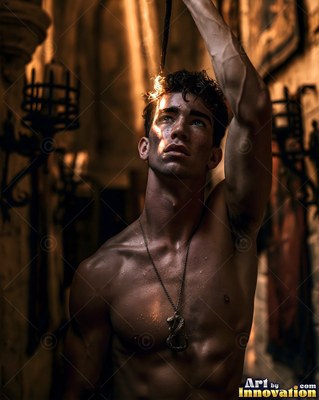 Looking up with arm raised, a man with a bare chest stands in a stone hall